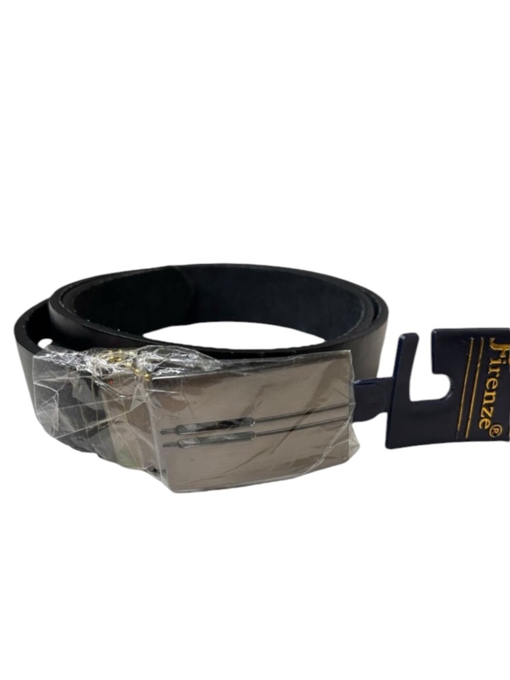 NEW Firenze Men's Black Leather Belt Silver Rectangular Prong Buckle Size 36